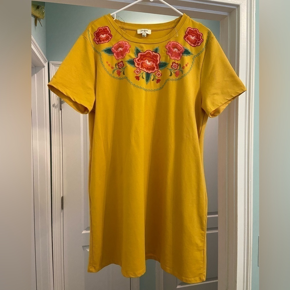 Umgee Goldenrod Yellow Embroidered Floral T-Shirt Dress With Pockets